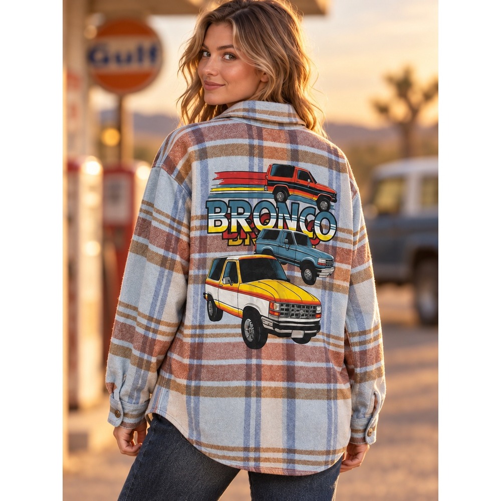Ford Official Licensed Product Plaid Shacket Blue Brown Wool Blend XS